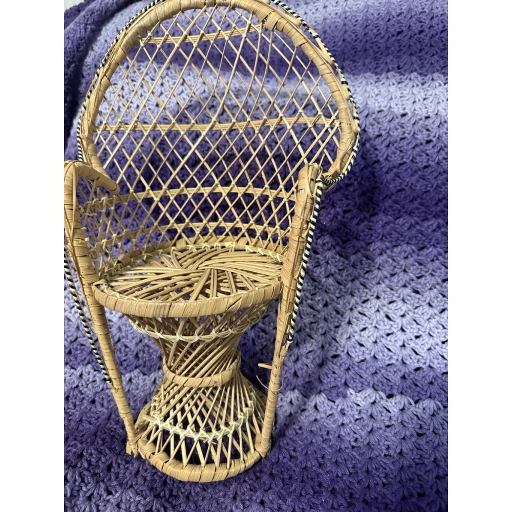 Vintage Wicker Peacock Chair Boho Plant Stand Doll Rattan 16”